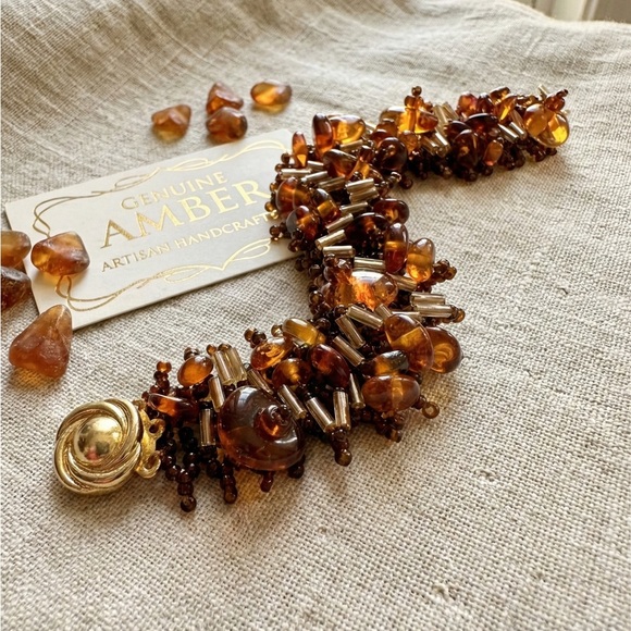 Jewelry - Genuine Baltic Amber Statement Bracelet Hand-Beaded Artisan Jewelry Cognac Honey